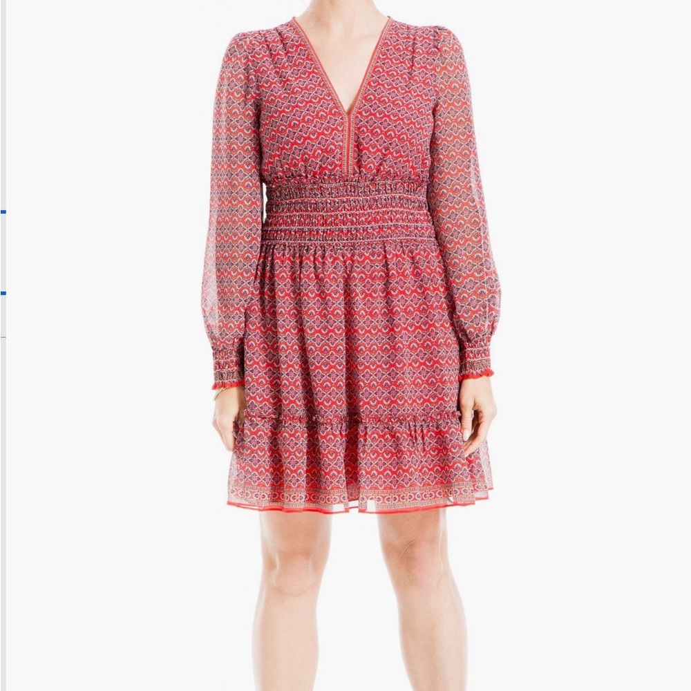 Max Studio Red Geometric Floral Print Smocked Waist Dress Size L